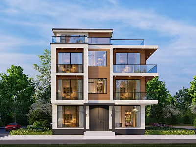 Modern Detached Villa With Multiple Floors Large Windows Balconies And Lush Greenery Surroundings 3d model