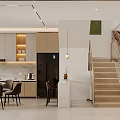 Modern Dining and Living Room Interior Design With Open Kitchen Dining Table And Staircase 3d model