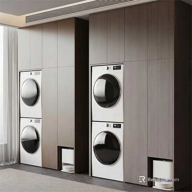 Modern Balcony Cabinet Design With Stacked Washing Machine And Dryer For Efficient Storage 3d model 