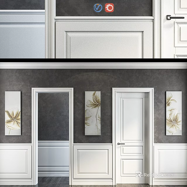Modern Interior Design With White Doors Gray Wall And Leaf Decorative Artworks 3d model 