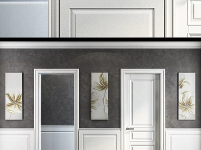 Modern Interior Design With White Doors Gray Wall And Leaf Decorative Artworks 3d model