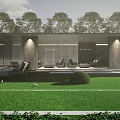 Modern Outdoor Pergola Design With Glass Curtain Wall Stone Columns Outdoor Furniture And Greenery