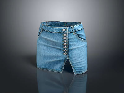 Blue Denim Mini Skirt With Front Button Placket Side Pockets And Split Hem 3d model