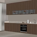 Modern Kitchen With Brown Cabinets Glass Door Display Countertop And Oven