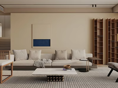 Modern Living Room Interior With Beige Sofa Coffee Table And Wooden Bookshelves 3d model