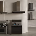 Modern Stainless Steel Kitchen Appliances Display With Wall Mounted Range Hoods Stoves And Ovens