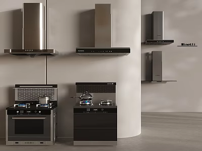 Modern Stainless Steel Kitchen Appliances Display With Wall Mounted Range Hoods Stoves And Ovens 3d model