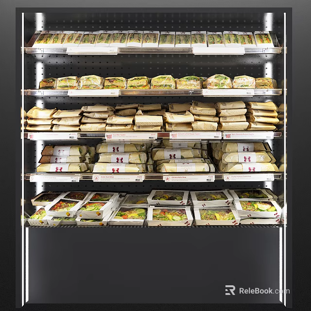 Retail Display Shelves Stocked with Organized Prepackaged Food Items Sandwiches and Meals 3d model 