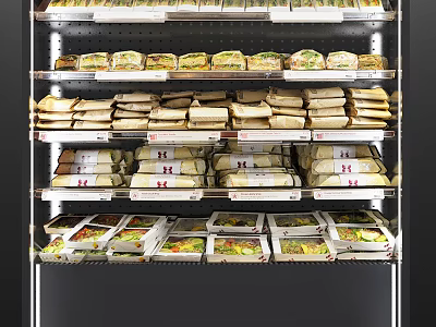 Retail Display Shelves Stocked with Organized Prepackaged Food Items Sandwiches and Meals 3d model