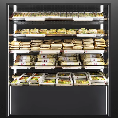 Retail Display Shelves Stocked with Organized Prepackaged Food Items Sandwiches and Meals 3d model