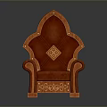 Red Leather Chair With Wooden Frame And Ornate Carvings Diamond Pattern Backrest