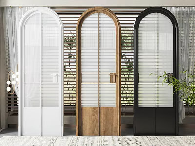 Modern Arched Casement Doors in White Wooden Black with Glass Panels and Vertical Slats 3d model