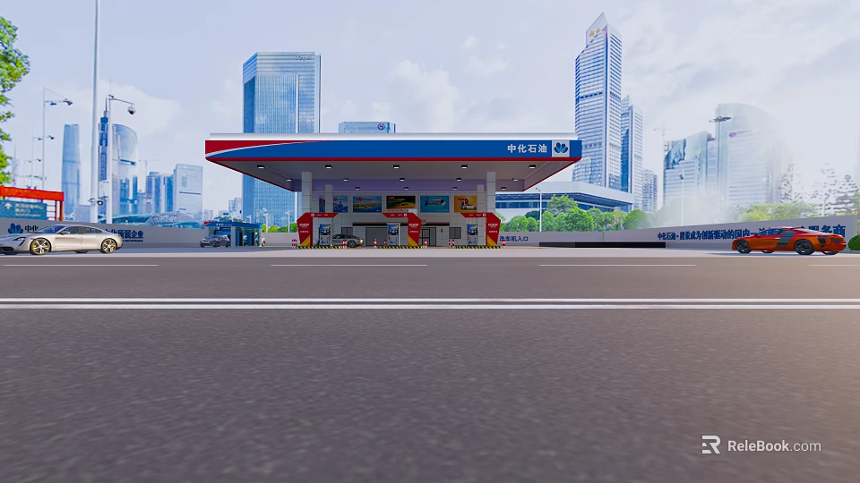 Urban Gas Station Canopy With Fuel Pumps And High Rise Buildings Background 3d model 