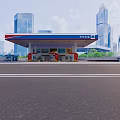Urban Gas Station Canopy With Fuel Pumps And High Rise Buildings Background