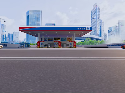 Urban Gas Station Canopy With Fuel Pumps And High Rise Buildings Background 3d model