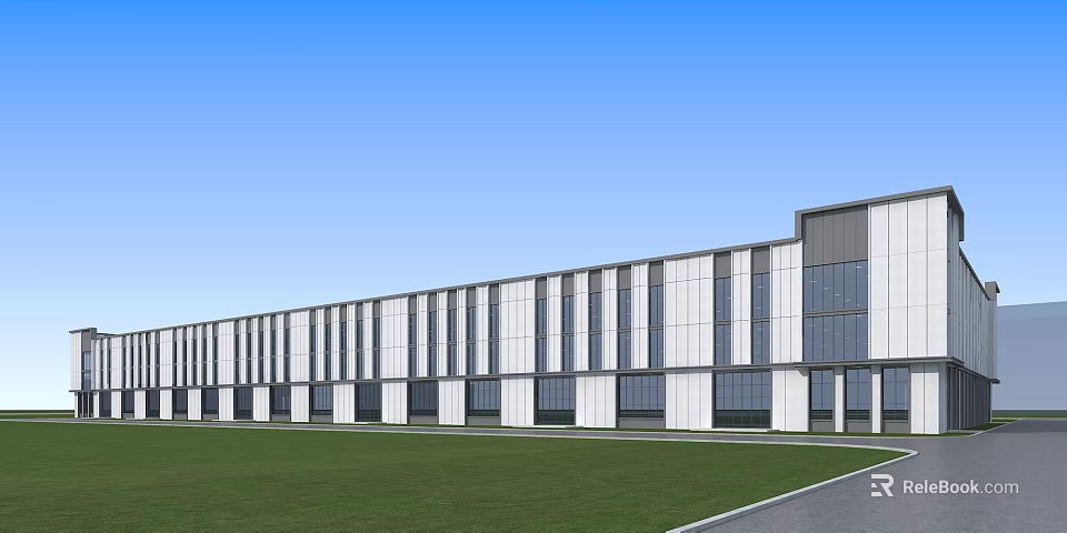 Modern Industrial Factory Building Exterior With Glass Windows White Walls Green Lawn And Blue Sky 3d model 