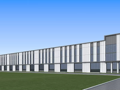 Modern Industrial Factory Building Exterior With Glass Windows White Walls Green Lawn And Blue Sky 3d model