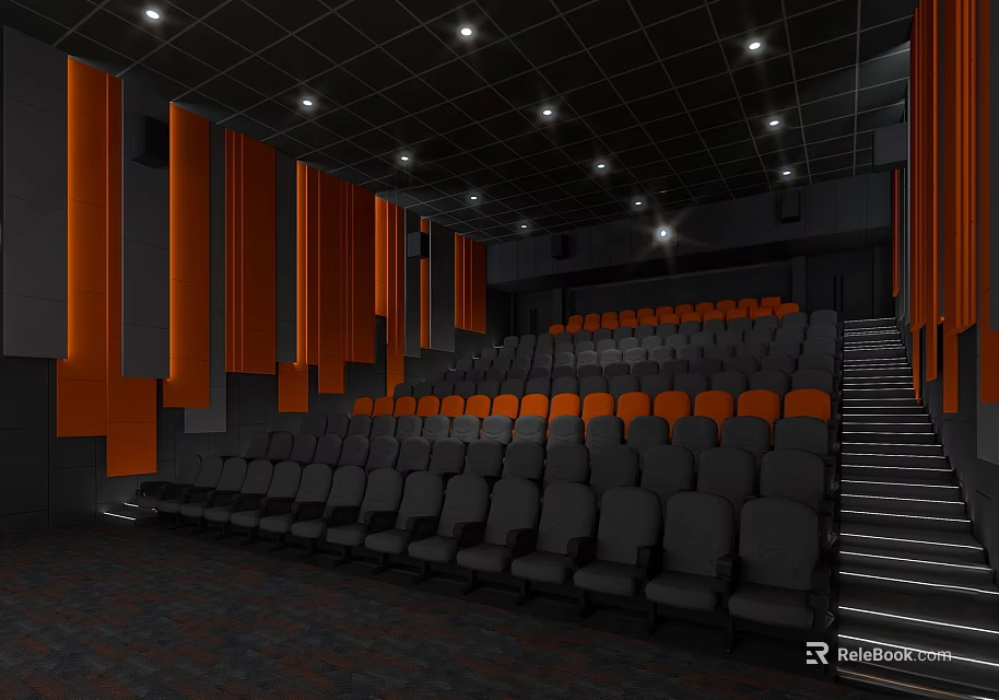 Modern Cinema Interior Design With Orange And Black Tiered Seats And Wall Panels 3d model 