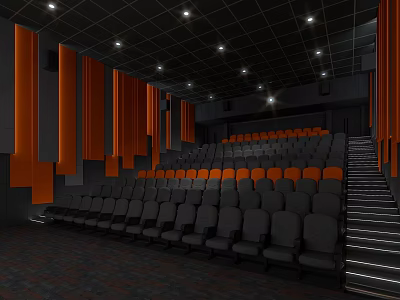 Modern Cinema Interior Design With Orange And Black Tiered Seats And Wall Panels 3d model