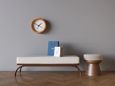 Wooden Stool Next To Bench With Shopping Bags And Wall Clock On Herringbone Floor 3d model
