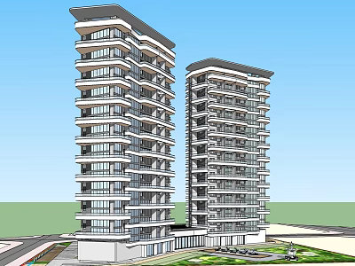 Two Modern High Rise Residential Buildings With Balconies And Green Belt Base 3d model