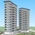 Two Modern High Rise Residential Buildings With Balconies And Green Belt Base