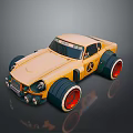Cartoon Style Toy Car With Yellow Body Large Black Tires Red Rims And Number 53