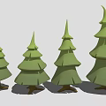 Green Layered Coniferous Trees With Brown Trunks In Row Cartoon Style