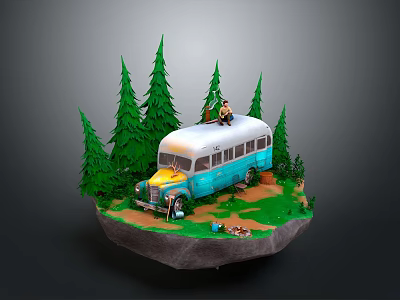 Vintage Blue And White Bus With Person On Roof Among Pine Trees And Camping Setup 3d model