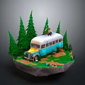 Vintage Blue And White Bus With Person On Roof Among Pine Trees And Camping Setup