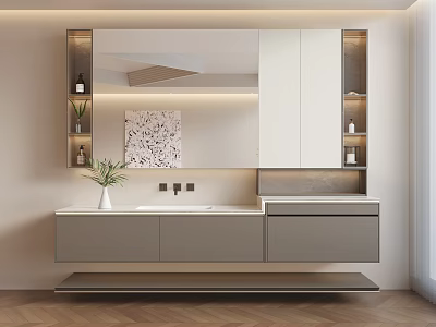 Modern Minimalist Bathroom Interior Design With Wall Mirror Floating Vanity Storage Shelves And Neutral Tones 3d model