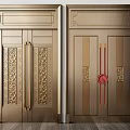 Chinese Style Double Doors With Intricate Carved Patterns Golden Metal Finish And Fortune Symbol