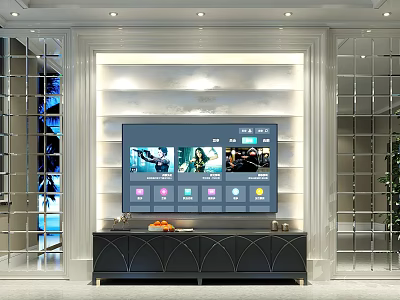 Modern TV Background Wall Design With Dark TV Stand And Decorative Fruit Plate 3d model