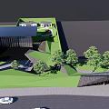 Modern Garden Landscape Design With Green Lawn Water Feature Trees and Sloped Roof Building