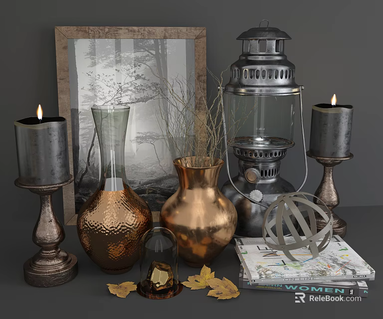 Elegant Decorative Ornament Set with Copper Vases Metal Lantern Candle Holders Picture Frame and Books 3d model 