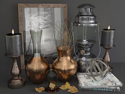 Elegant Decorative Ornament Set with Copper Vases Metal Lantern Candle Holders Picture Frame and Books 3d model