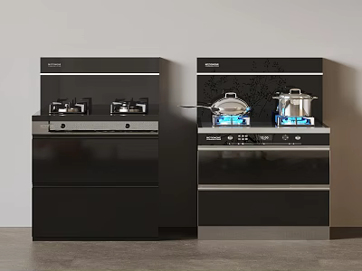 Sleek Black Kitchen Integrated Cooker With Gas Burners And Range Hood 3d model