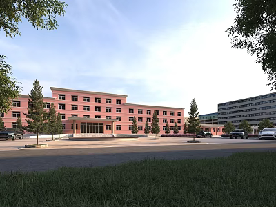Pink School Building Exterior With Green Trees Lawn And Parking Area On Campus 3d model