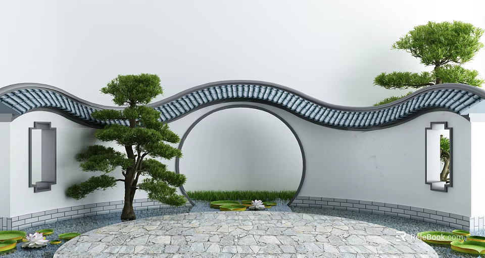 Traditional Chinese Scenic Wall with Circular Archway Pine Tree Water Feature and Stone Pavement 3d model 