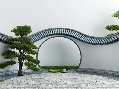 Traditional Chinese Scenic Wall with Circular Archway Pine Tree Water Feature and Stone Pavement 3d model
