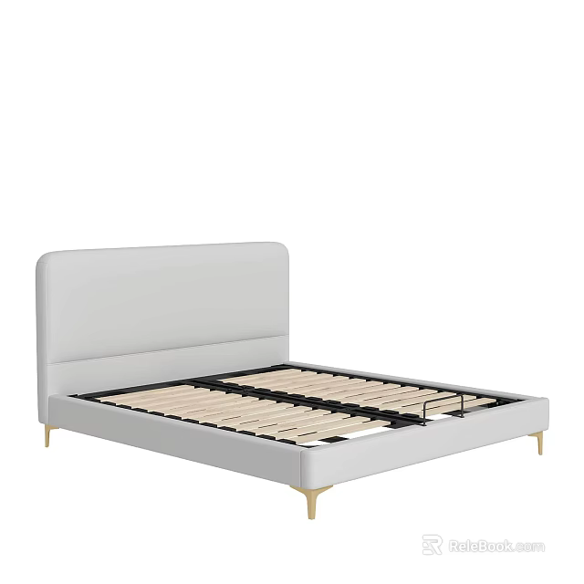 Modern Upholstered Double Bed With Light Gray Headboard White Frame And Gold Legs 3d model 