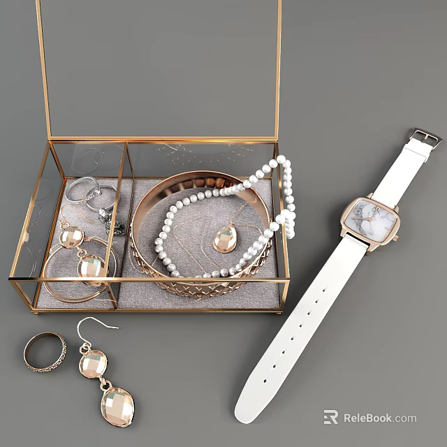 Elegant Jewelry Collection In Glass Display Box With Pearl Necklace Earrings Rings And White Strap Watch 3d model 