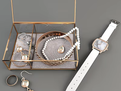 Elegant Jewelry Collection In Glass Display Box With Pearl Necklace Earrings Rings And White Strap Watch 3d model