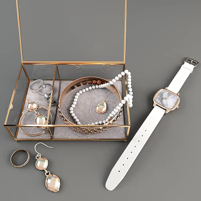 Elegant Jewelry Collection In Glass Display Box With Pearl Necklace Earrings Rings And White Strap Watch 3d model