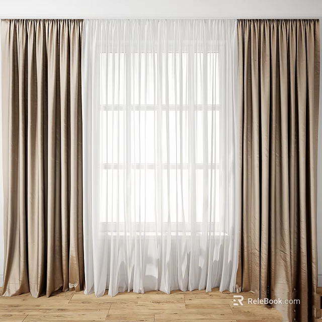 Stylish Beige Curtains And White Sheer Drapes For Home Window Decoration 3d model 