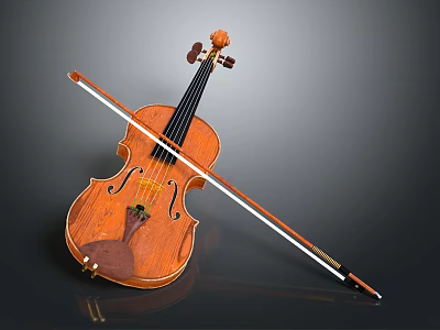 Classic Handmade Wooden Violin With Long Bow On Dark Gray Surface 3d model