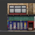Cartoon Style Brick Storefront With Green Awning Blue Doors Windows Street Sign And Large Pot