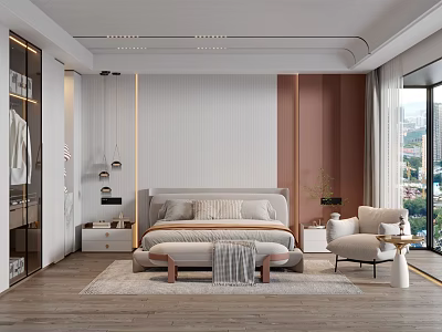 Modern Bedroom Interior With King Bed Wooden Flooring And Floor to Ceiling Windows 3d model