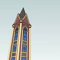 Tall Red And Yellow Tower With Pointed Spire And Arched Windows Design Structure