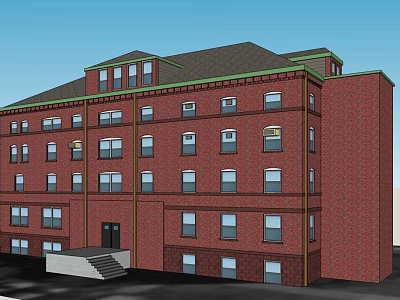 Red Brick Multi Story Office Building Exterior With Dark Roof Windows And Entry Steps 3d model